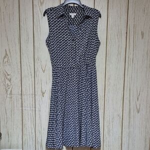 Navy White Sleeveless Sailboat Print Midi Dress Notched Collar Button Front 14